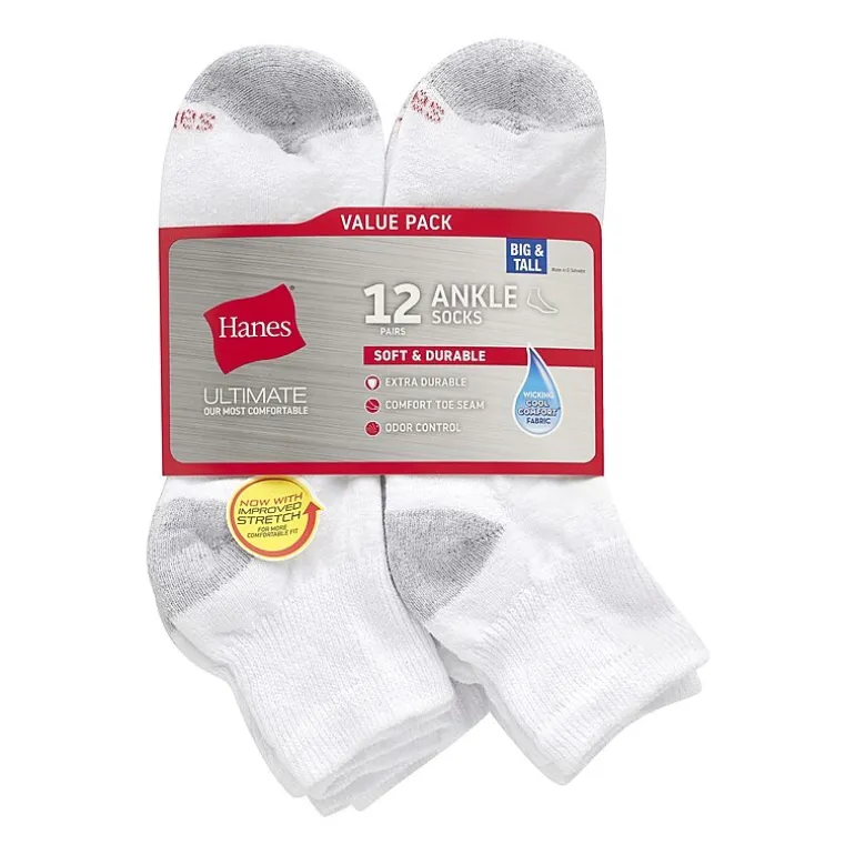 Hanes Ultimate Mens Multi-Pack 12 Pair Big and Tall Quarter Ankle Socks