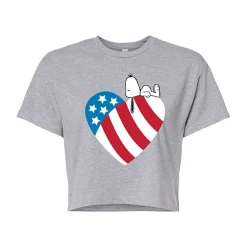 Heart Flag Cropped Womens Juniors Crew Neck Short Sleeve Regular Fit Peanuts Snoopy Graphic T-Shirt