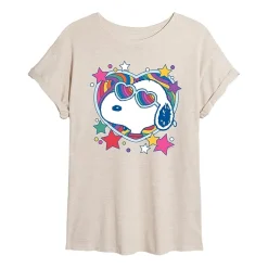 Heart Glasses Womens Juniors Crew Neck Short Sleeve Oversized Peanuts Snoopy Graphic T-Shirt
