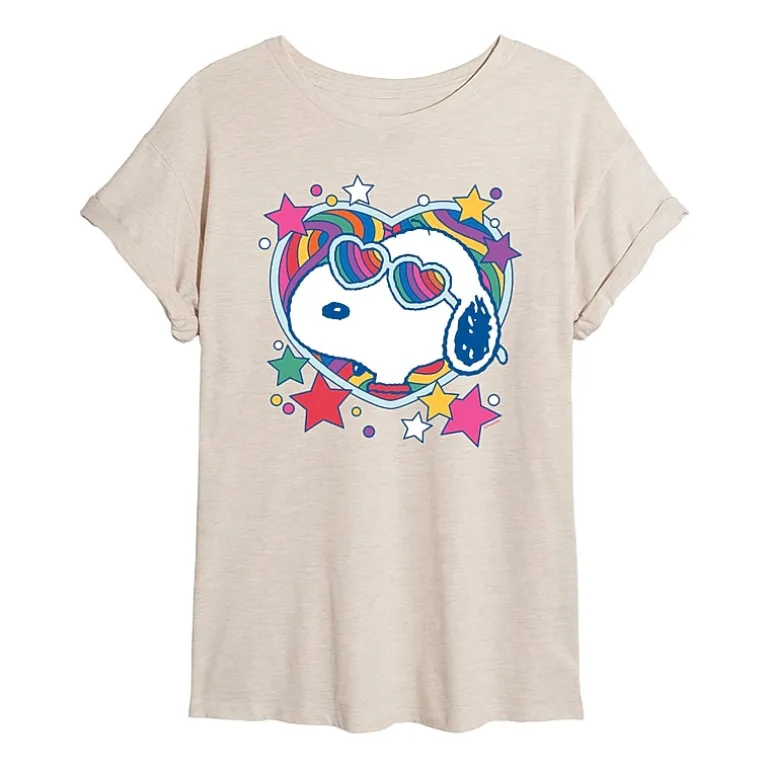 Heart Glasses Womens Juniors Crew Neck Short Sleeve Oversized Peanuts Snoopy Graphic T-Shirt