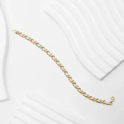 "Hearts & Kisses" Womens 10K Tri-Color Gold Hollow Heart 7.25 Inch Link Bracelet