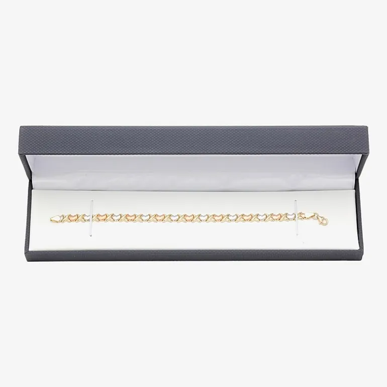 "Hearts & Kisses" Womens 10K Tri-Color Gold Hollow Heart 7.25 Inch Link Bracelet