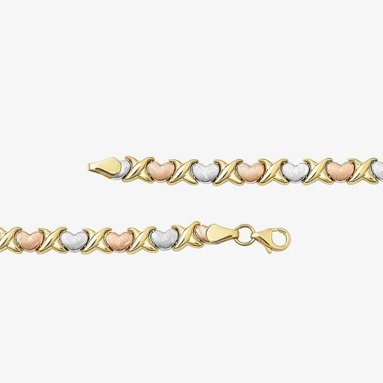 "Hearts & Kisses" Womens 10K Tri-Color Gold Hollow Heart 7.25 Inch Link Bracelet