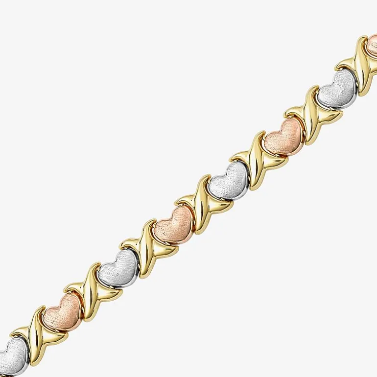 "Hearts & Kisses" Womens 10K Tri-Color Gold Hollow Heart 7.25 Inch Link Bracelet