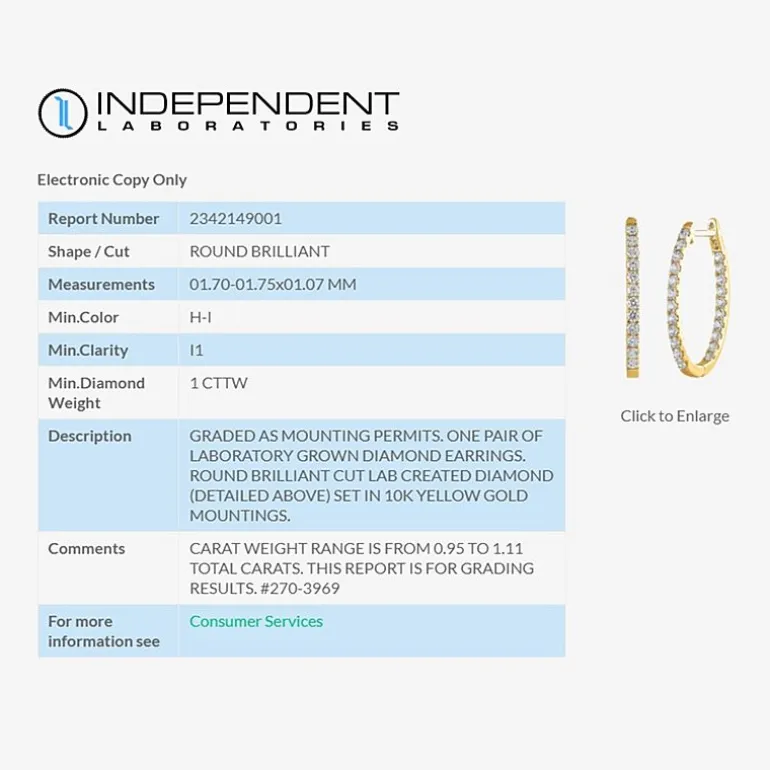 (H-I / I1) 1 CT. T.W. Lab Grown Diamond 10K or 14K White or Yellow Gold 25mm Hoop Earrings