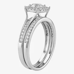 (H / I1-I2) Womens 1 CT. T.W. Lab Grown White Diamond Sterling Silver Round Side Stone Halo Bridal Set