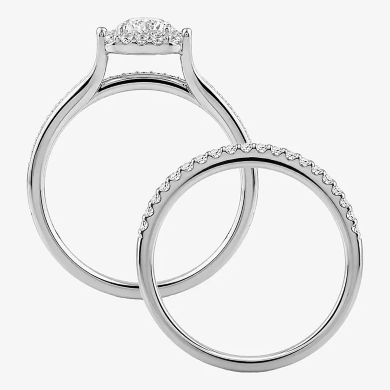 (H / I1-I2) Womens 1 CT. T.W. Lab Grown White Diamond Sterling Silver Round Side Stone Halo Bridal Set