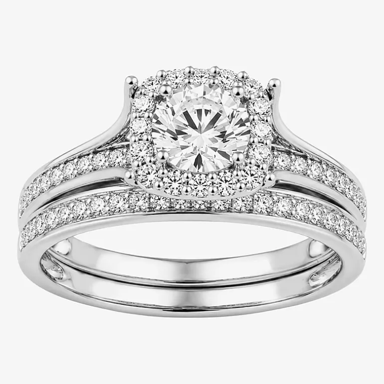 (H / I1-I2) Womens 1 CT. T.W. Lab Grown White Diamond Sterling Silver Round Side Stone Halo Bridal Set