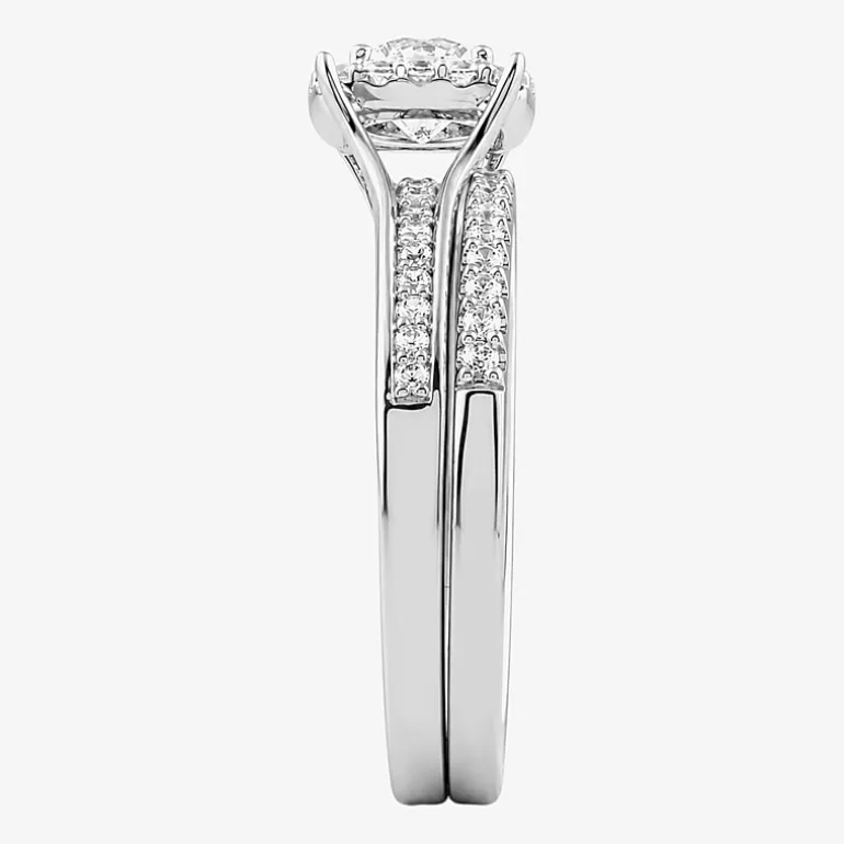(H / I1-I2) Womens 1 CT. T.W. Lab Grown White Diamond Sterling Silver Round Side Stone Halo Bridal Set