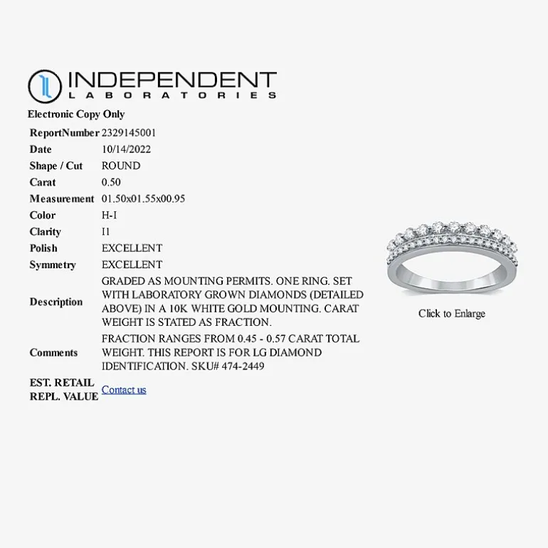 (H-I / I1) Womens 1/2 CT. T.W. Lab Grown White Diamond 10K Gold Anniversary Wedding Band