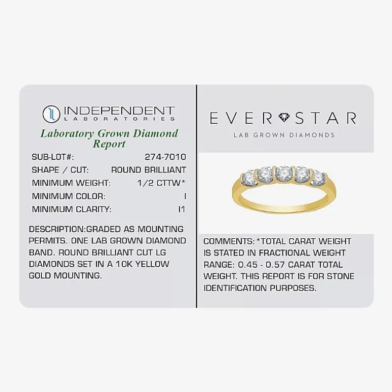 (H-I / I1) Womens 1/2 CT. T.W. Lab Grown White Diamond 10K Gold 5-Stone Anniversary Band