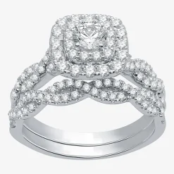 (H-I / I1) Womens 1 1/2 CT. T.W. Lab Grown White Diamond 10K Gold Cushion Side Stone Halo Bridal Set