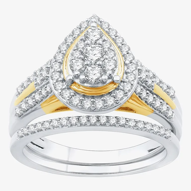 (H-I/I1) Womens 3/4 CT. T.W. Lab Grown White Diamond 14K Two Tone Gold Over Silver Pear Side Stone Halo Bridal Set