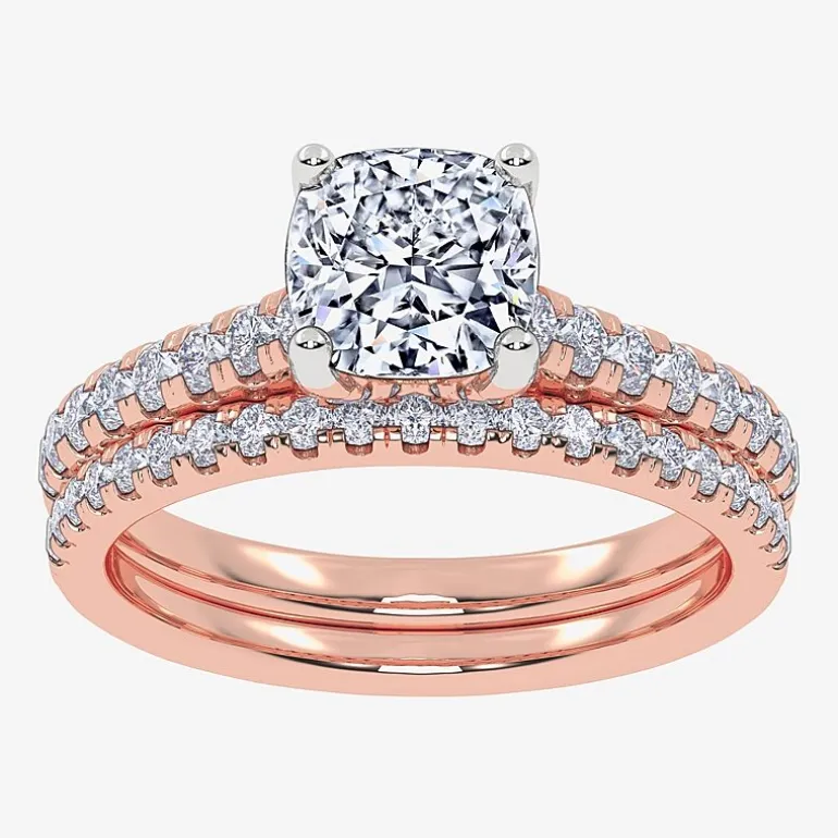 (H-I / Si2-I1) Womens 1 1/2 CT. T.W. Lab Grown White Diamond 10K Gold Cushion Side Stone Bridal Set