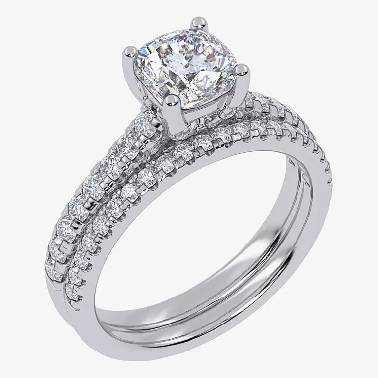(H-I / Si2-I1) Womens 1 1/2 CT. T.W. Lab Grown White Diamond 10K Gold Cushion Side Stone Bridal Set