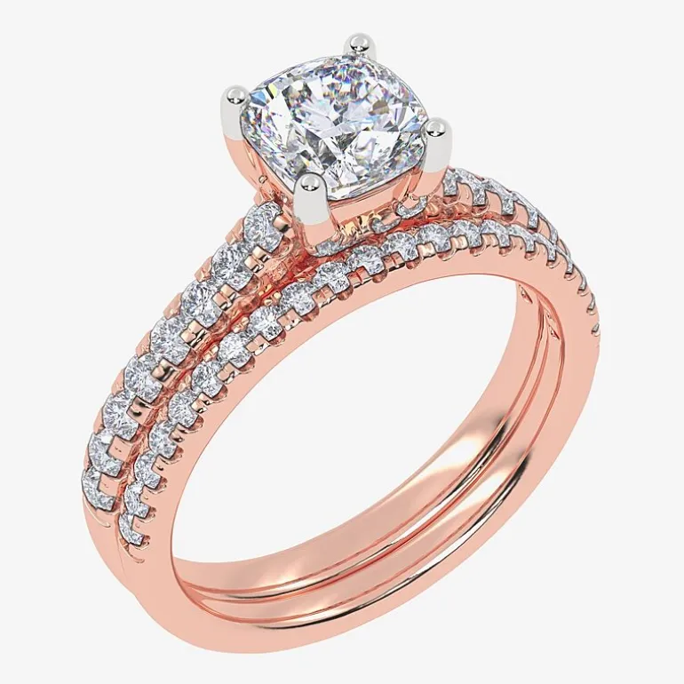 (H-I / Si2-I1) Womens 1 1/2 CT. T.W. Lab Grown White Diamond 10K Gold Cushion Side Stone Bridal Set