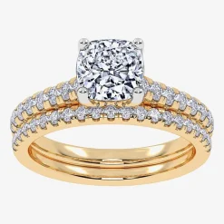 (H-I / Si2-I1) Womens 1 1/2 CT. T.W. Lab Grown White Diamond 10K Gold Cushion Side Stone Bridal Set