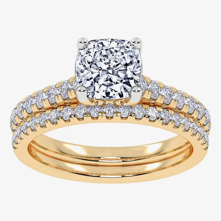 (H-I / Si2-I1) Womens 1 1/2 CT. T.W. Lab Grown White Diamond 10K Gold Cushion Side Stone Bridal Set