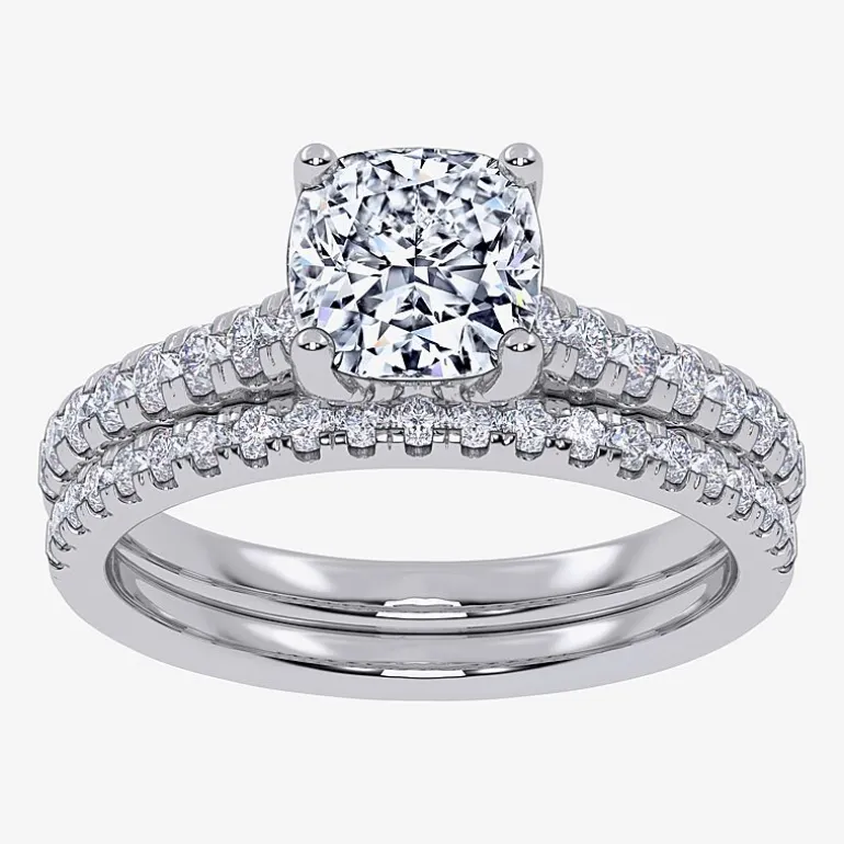(H-I / Si2-I1) Womens 1 1/2 CT. T.W. Lab Grown White Diamond 10K Gold Cushion Side Stone Bridal Set