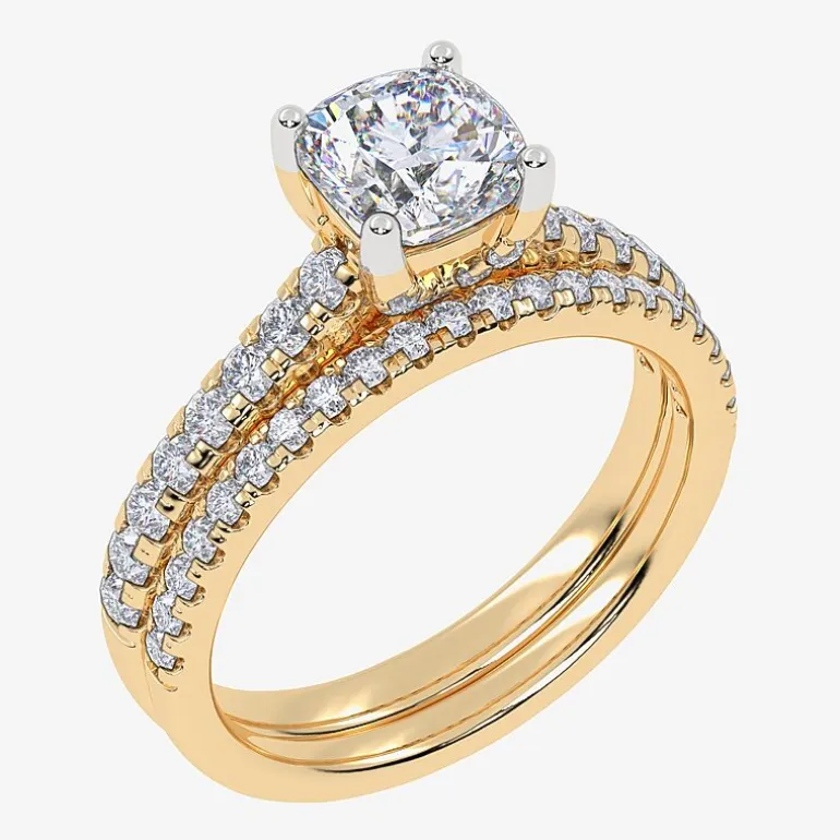 (H-I / Si2-I1) Womens 1 1/2 CT. T.W. Lab Grown White Diamond 10K Gold Cushion Side Stone Bridal Set