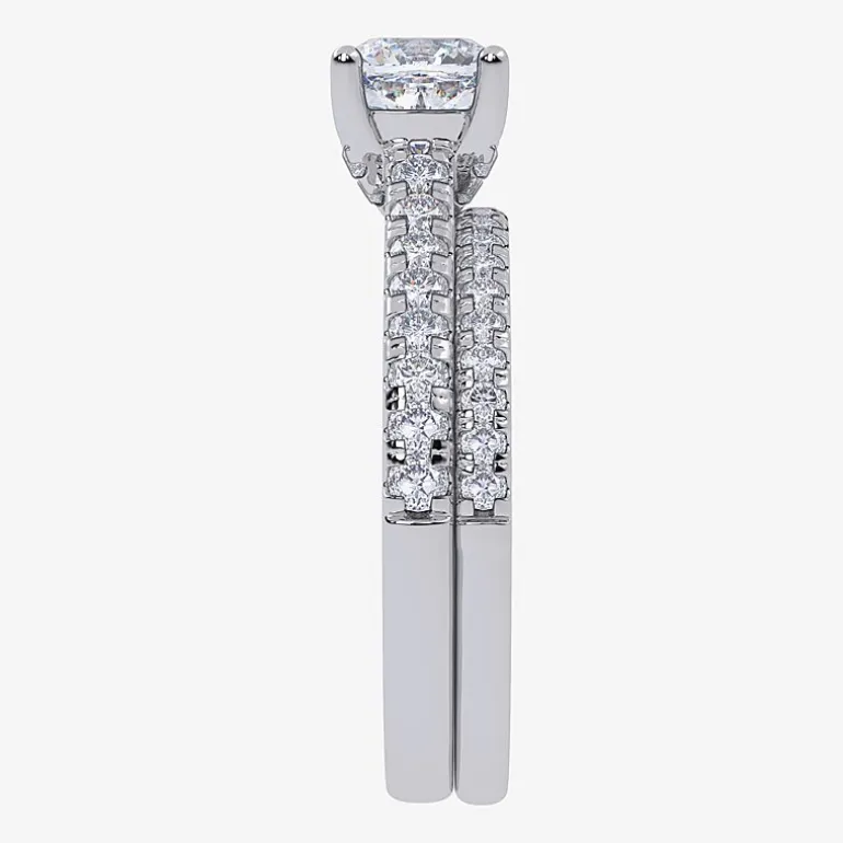 (H-I / Si2-I1) Womens 1 1/2 CT. T.W. Lab Grown White Diamond 10K Gold Cushion Side Stone Bridal Set