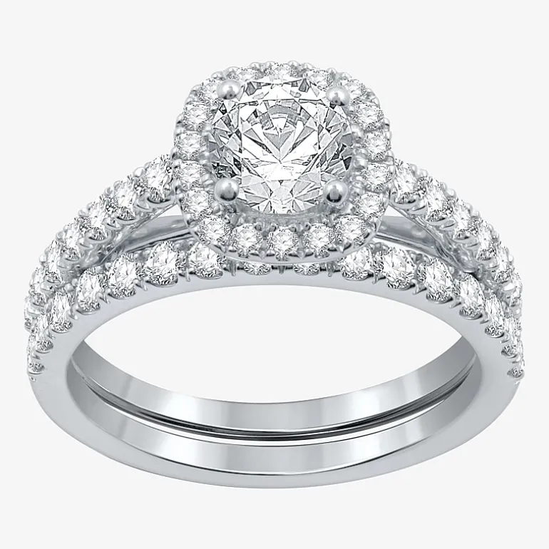 (H-I / Si2-I1) Womens 1 3/4 CT. T.W. Lab Grown White Diamond 10K Gold Cushion Side Stone Halo Bridal Set