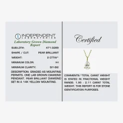 ( H-I/Si1-Si2 ) 2 CT. Lab-Grown Diamond 14K Gold Pear 18 Inch Pendant Necklace