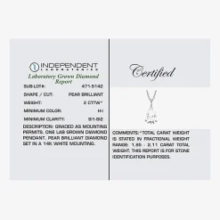 ( H-I/Si1-Si2 ) 2 CT.  Lab-Grown Diamond 14K Gold Pear 18 Inch Pendant Necklace