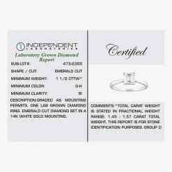 (H-I / SI2) Womens 1 1/2 CT. Lab-Grown White Diamond in 14K Gold Emerald Solitaire Engagement Ring