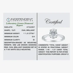 (H-I / SI2) Womens 1 1/2 CT. Lab-Grown White Diamond in 14K Gold Oval Solitaire Engagement Ring