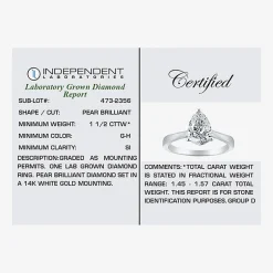 (H-I / SI2) Womens 1 1/2 CT. Lab-Grown White Diamond in 14K Gold Pear Solitaire Engagement Ring