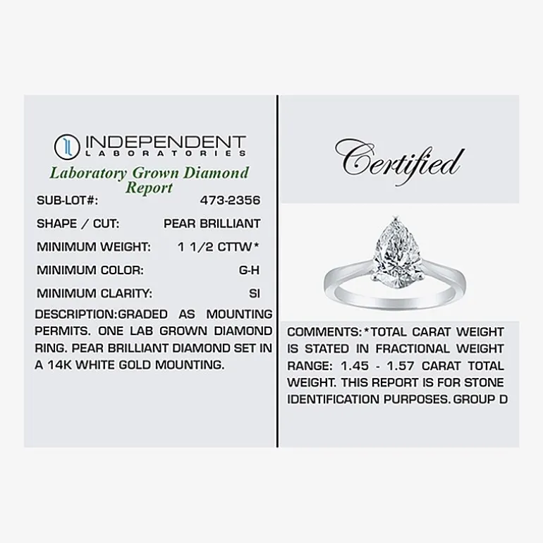(H-I / SI2) Womens 1 1/2 CT. Lab-Grown White Diamond in 14K Gold Pear Solitaire Engagement Ring