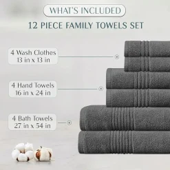 Home Weavers Inc Hazel Collection 100% Cotton Zero Twist Super Absorbent 12-pc. Quick Dry Bath Towel Set