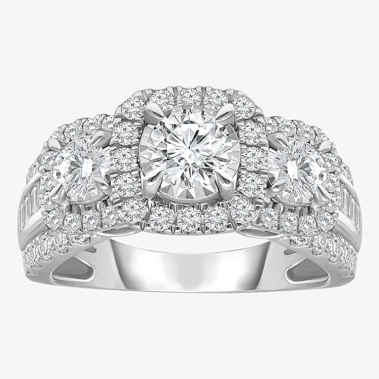 (I / I1) Love Lives Forever Womens 2 CT. T.W. Lab Grown White Diamond 10K or 14K White Gold Cushion Side Stone 3-Stone Engagement Ring
