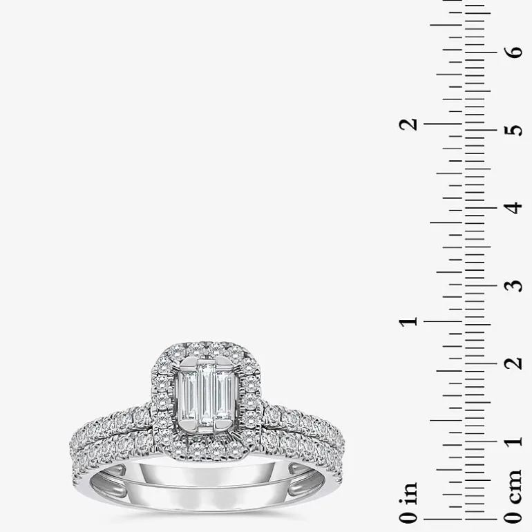 (I / I1) Womens 1 CT. T.W. Lab Grown White Diamond 10K Gold Side Stone Halo Engagement Ring
