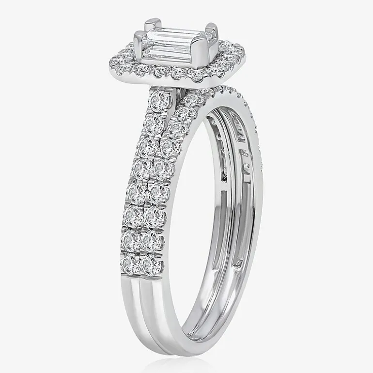 (I / I1) Womens 1 CT. T.W. Lab Grown White Diamond 10K Gold Side Stone Halo Engagement Ring