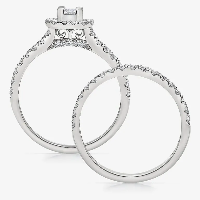 (I / I1) Womens 1 CT. T.W. Lab Grown White Diamond 10K Gold Side Stone Halo Engagement Ring