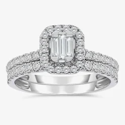 (I / I1) Womens 1 CT. T.W. Lab Grown White Diamond 10K Gold Side Stone Halo Engagement Ring