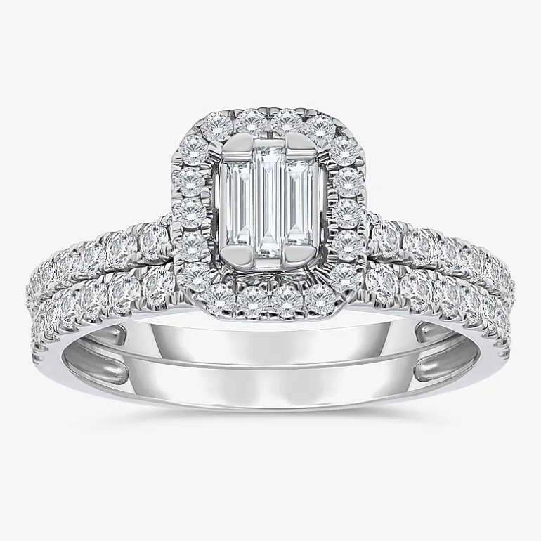 (I / I1) Womens 1 CT. T.W. Lab Grown White Diamond 10K Gold Side Stone Halo Engagement Ring