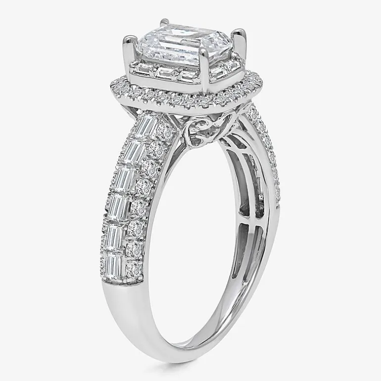 (I / I1) Womens 2 CT. T.W. Lab Grown White Diamond 10K Gold Side Stone Halo Engagement Ring