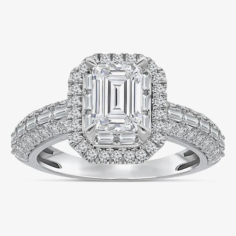 (I / I1) Womens 2 CT. T.W. Lab Grown White Diamond 10K Gold Side Stone Halo Engagement Ring