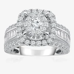 (I / I1) Womens 2 CT. T.W. Lab Grown White Diamond 10K or 14K Gold Cushion Side Stone Halo Engagement Ring