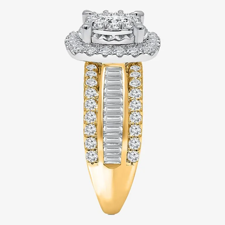 (I / I1) Womens 2 CT. T.W. Lab Grown White Diamond 10K or 14K Gold Cushion Side Stone Halo Engagement Ring