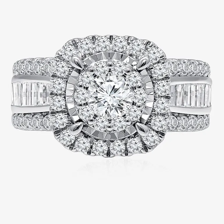 (I / I1) Womens 2 CT. T.W. Lab Grown White Diamond 10K or 14K Gold Cushion Side Stone Halo Engagement Ring