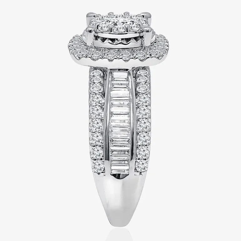 (I / I1) Womens 2 CT. T.W. Lab Grown White Diamond 10K or 14K Gold Cushion Side Stone Halo Engagement Ring