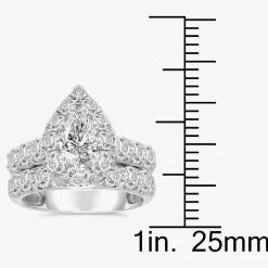 (I / I1) Womens 4 CT. T.W. Lab Grown White Diamond 10K Gold Pear Side Stone Halo Bridal Set