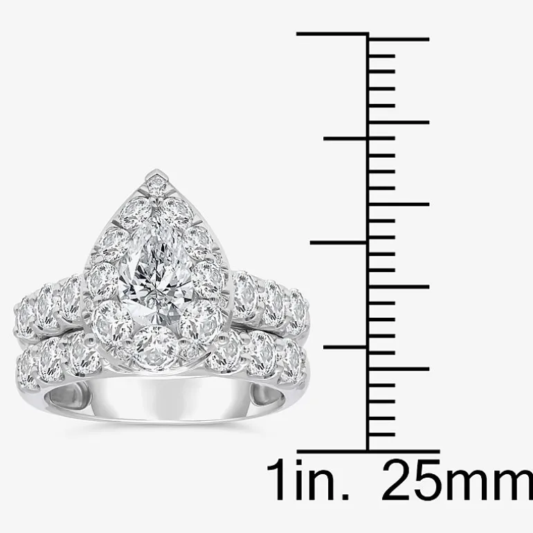 (I / I1) Womens 4 CT. T.W. Lab Grown White Diamond 10K Gold Pear Side Stone Halo Bridal Set