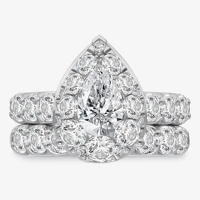 (I / I1) Womens 4 CT. T.W. Lab Grown White Diamond 10K Gold Pear Side Stone Halo Bridal Set