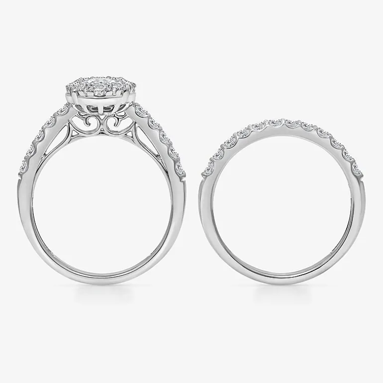 (I / I1) Womens 2 CT. T.W. Lab Grown White Diamond 10K Gold Oval Side Stone Halo Bridal Set