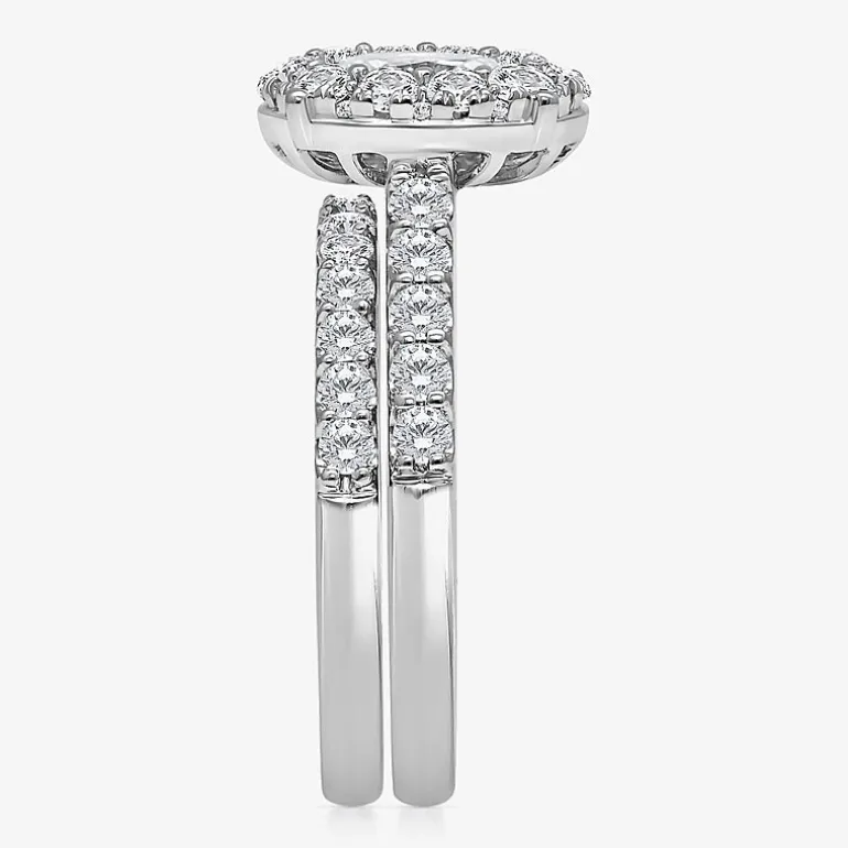 (I / I1) Womens 2 CT. T.W. Lab Grown White Diamond 10K Gold Oval Side Stone Halo Bridal Set